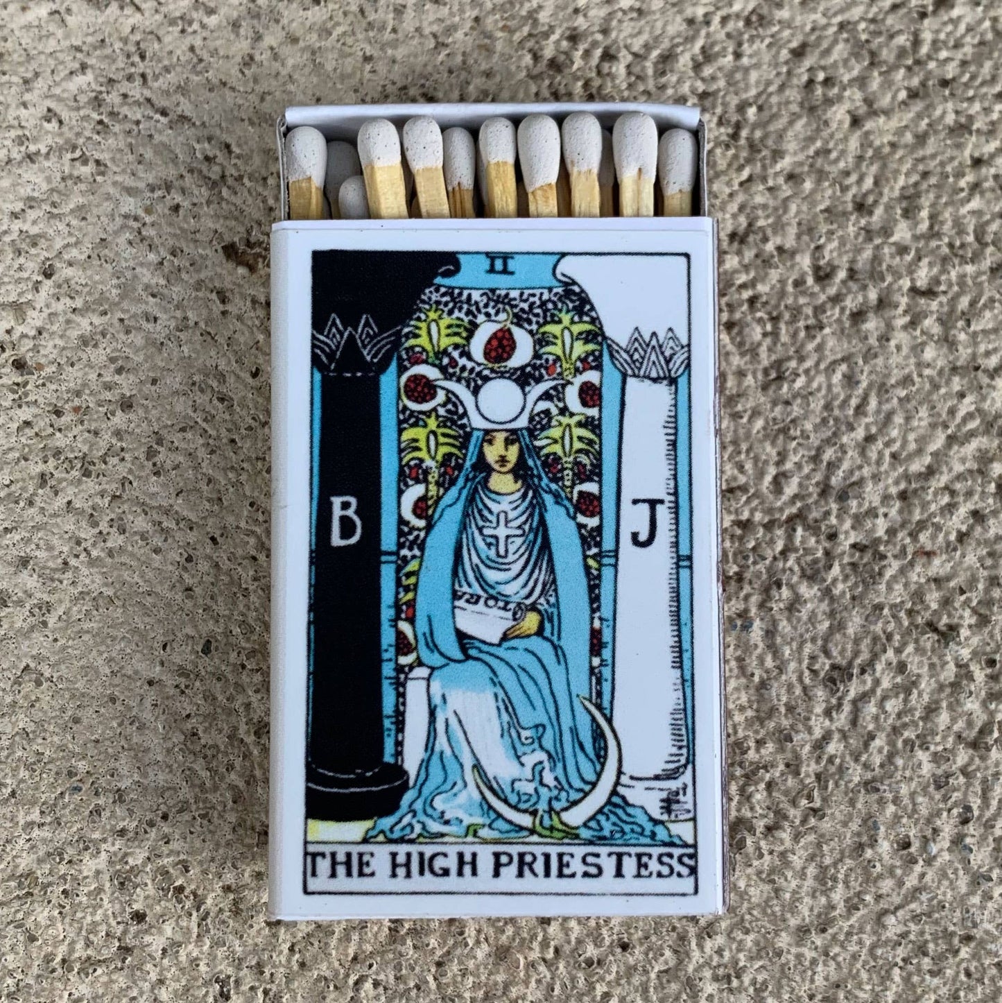 Tarot Matchbox featuring The High Priestess card with 20-23 matches for candle and incense lighting