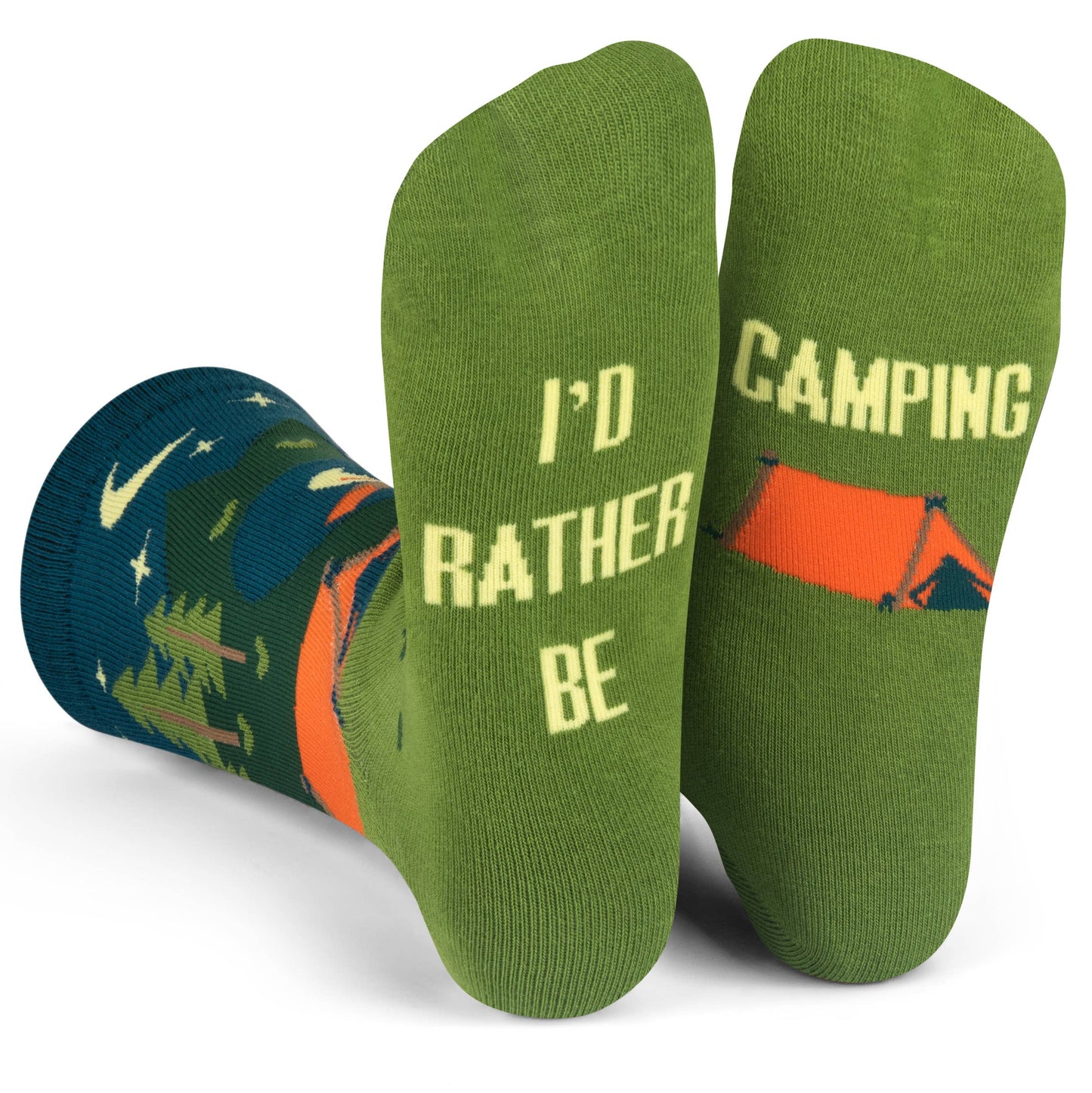 Green camping socks with bonfire, mountains, lake, canoe, bear prints, and "I'd Rather Be Camping" text on soles