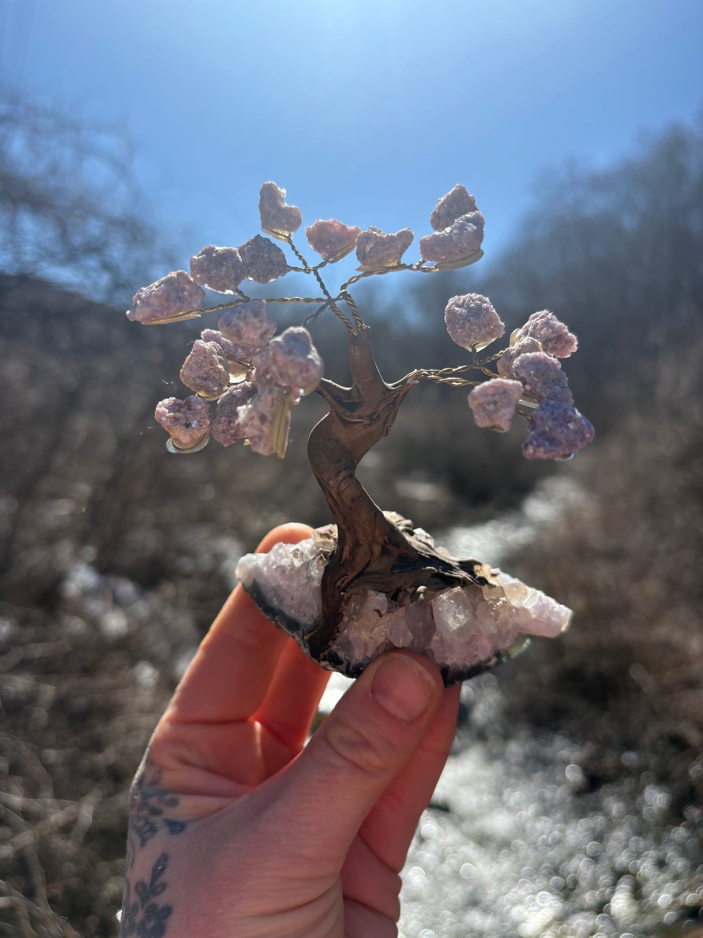 Lepidolite Wire Wrapped Crystal Tree on Amethyst