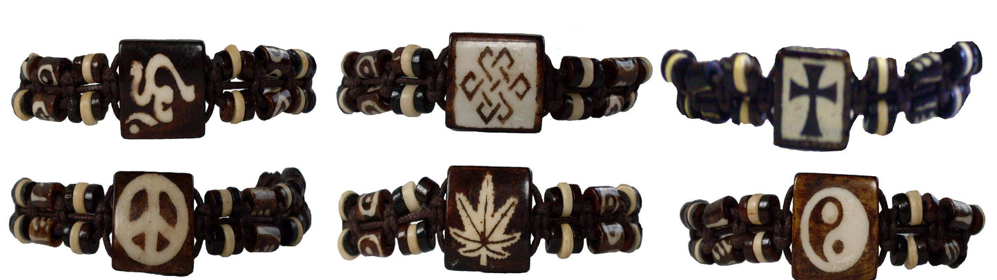 Puka Shell and Wood Bracelets with symbols