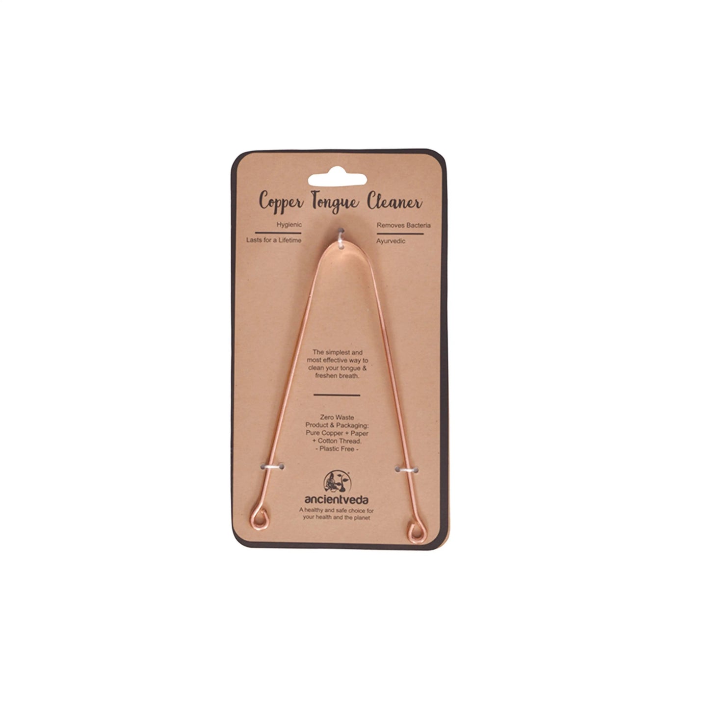 Copper tongue cleaner on eco-friendly packaging, antibacterial copper scraper for fresh breath and oral hygiene