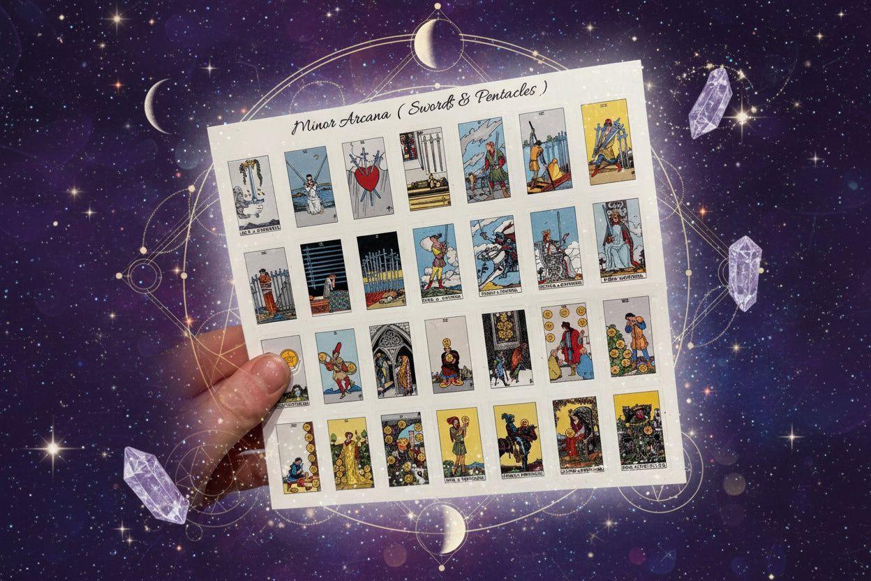 Tarot sticker pack sheet featuring Minor Arcana cards of Swords and Pentacles held by hand