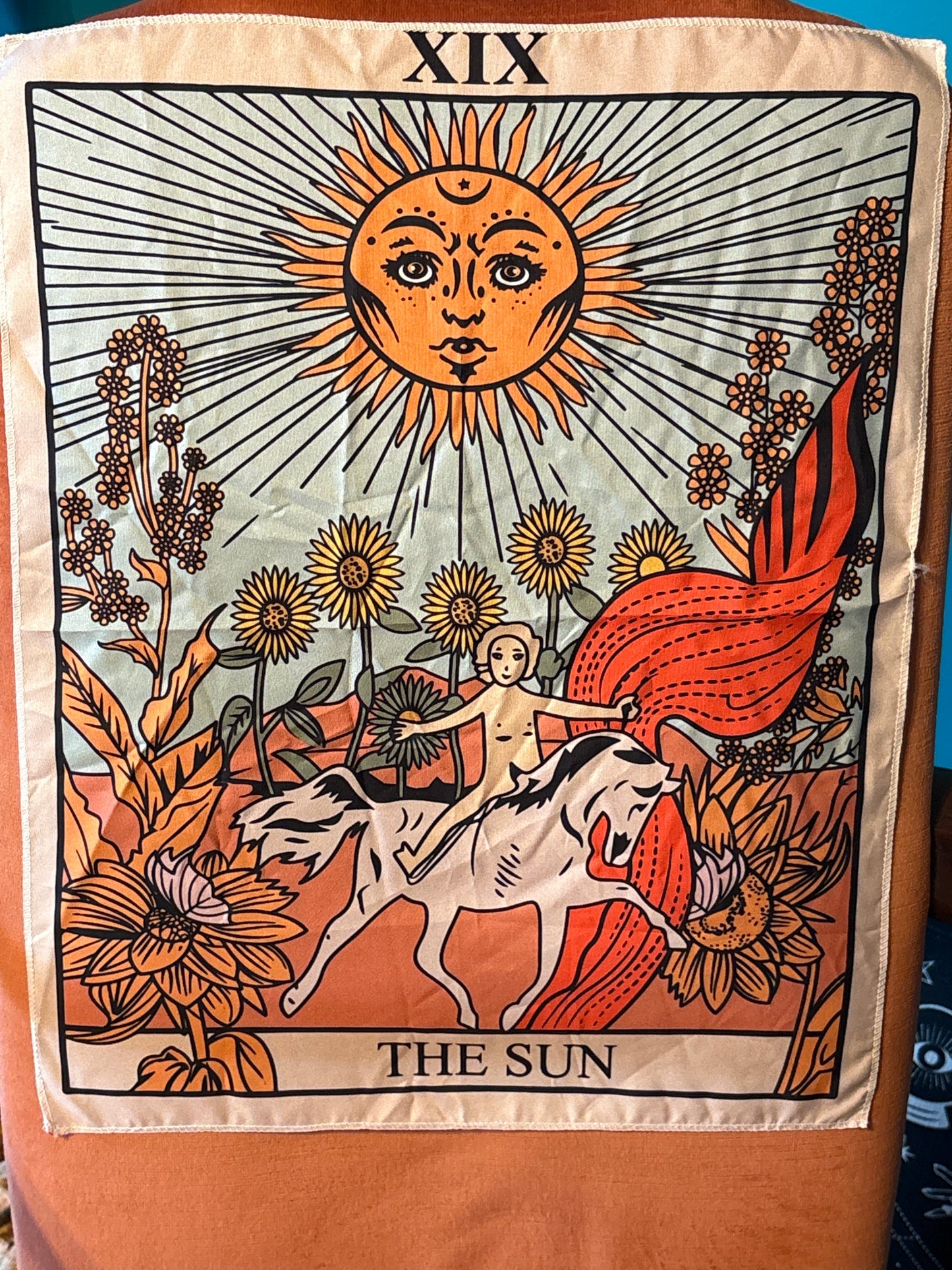 Alter Cloth The Sun with tarot-inspired sun design, horses, and floral patterns for spiritual altar use