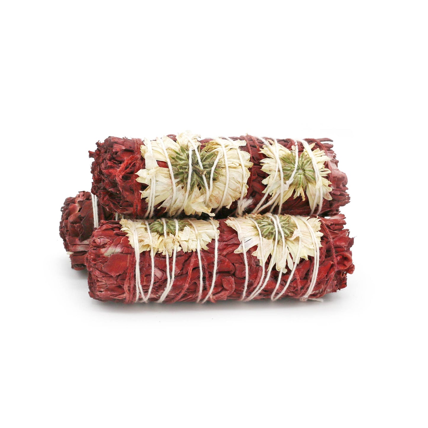 Four-inch Divine Floral Dragons Blood Sage Smudge Sticks with white flowers for cleansing and meditation
