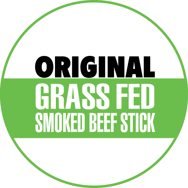 100 grass-fed smoked beef stick label with original flavor text in green circle badge