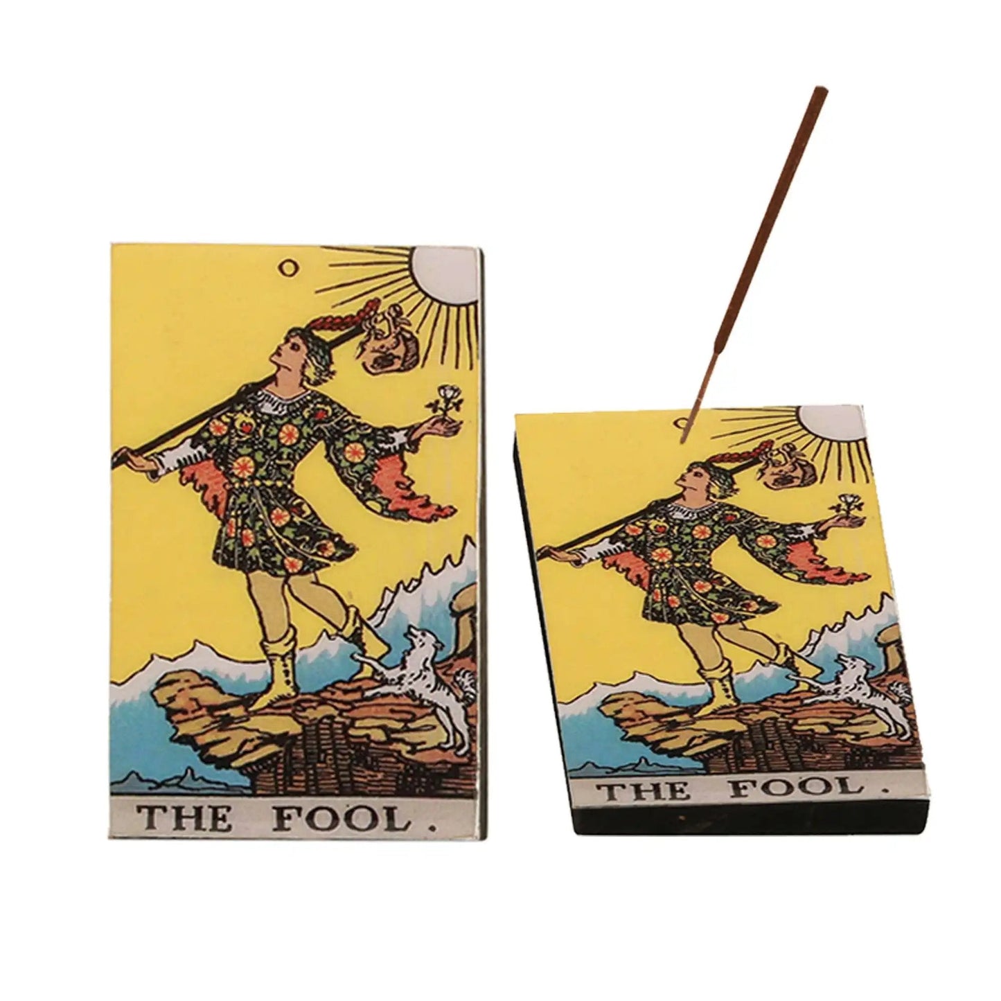 Wood Tarot Incense Holder featuring The Fool card design, hand-painted wooden incense burner tray 3x5 inches