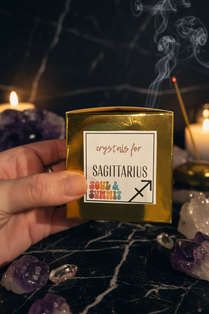 Sagittarius Crystal Gift Box held in hand with amethyst geode background