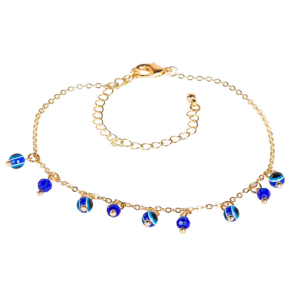 Gold chain anklet with blue evil eye beads and small blue charms for protection and style
