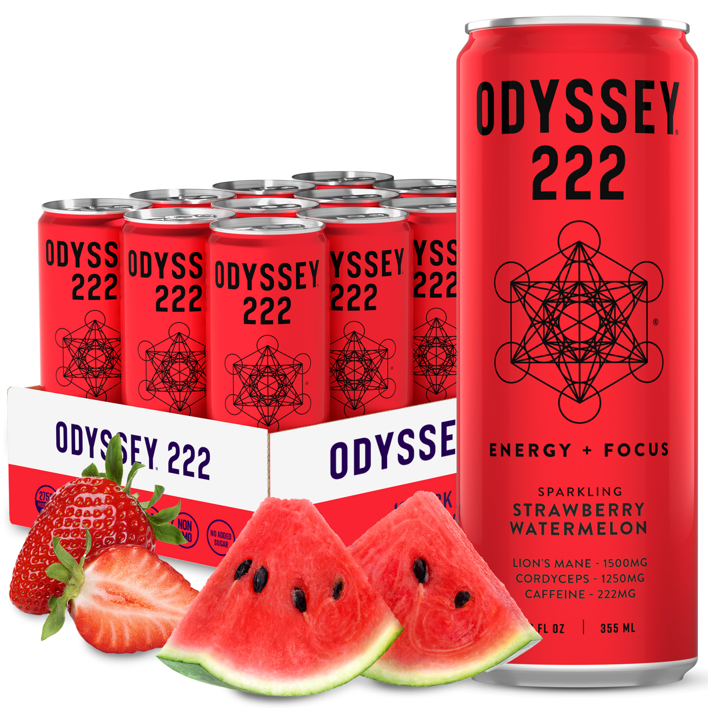 Strawberry Watermelon 222mg Sparkling Mushroom Energy can with fresh strawberries and watermelon slices, featuring Lion's Mane and Cordyceps mushrooms.