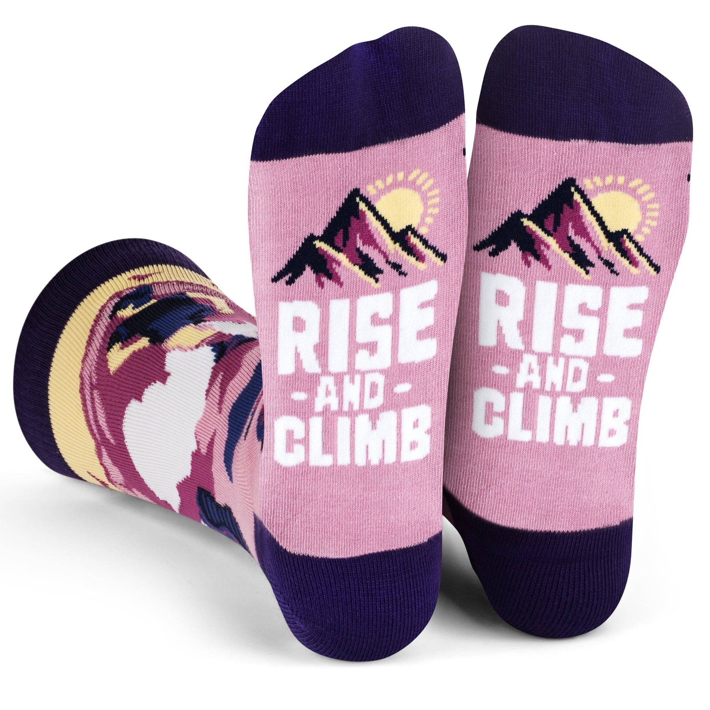Purple crew length socks with "Rise and Climb" text, mountain and floral hiking design made from cotton blend