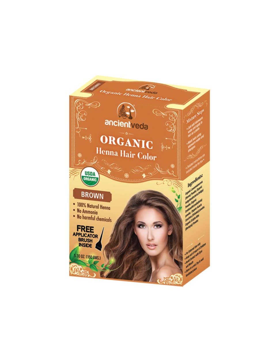 Organic Brown Henna (150 gms) hair color box with natural ingredients and free applicator brush featuring a woman with brown hair