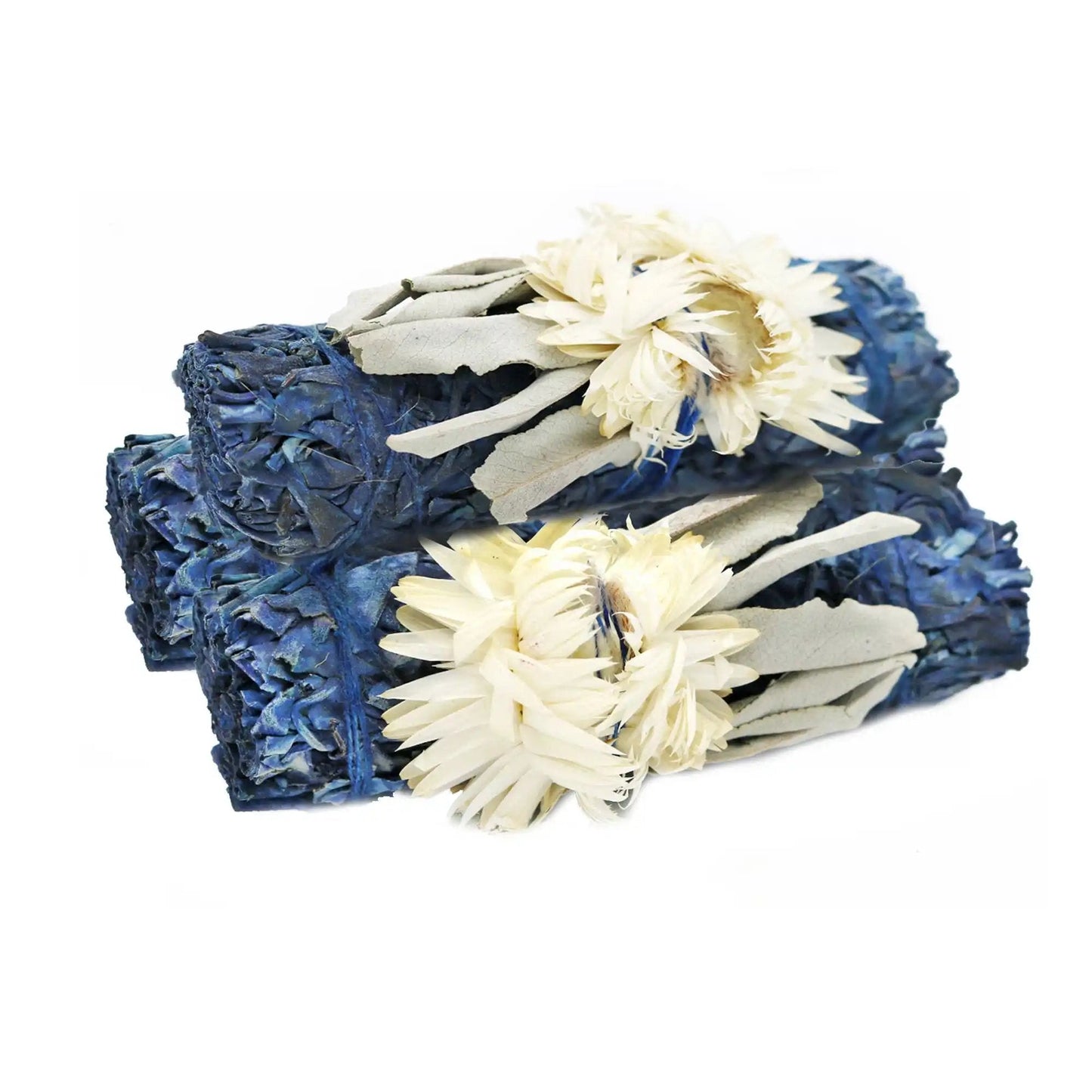 Blue Moon 4-inch organic white sage smudge stick with blue sage and dried white flowers for cleansing and purification