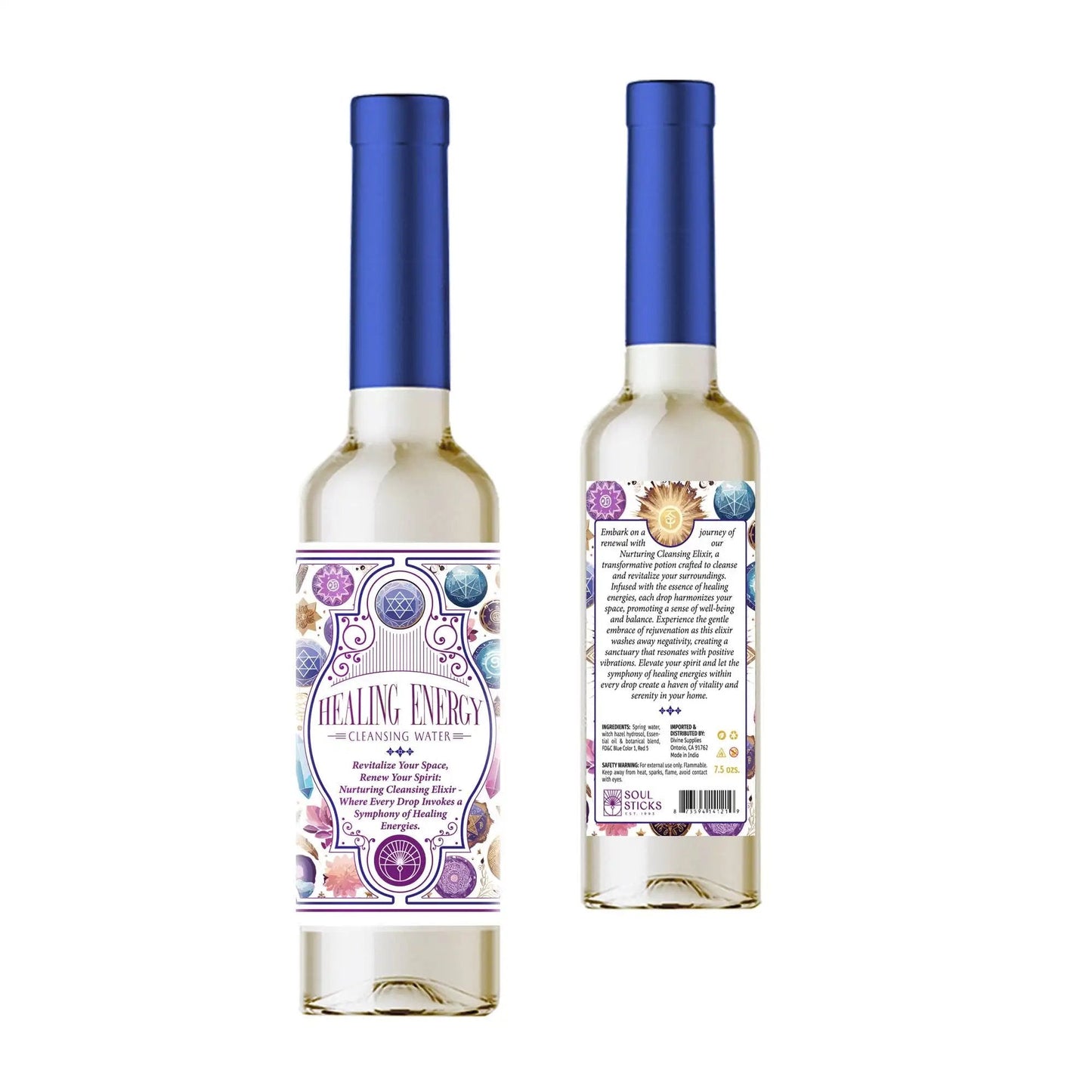 7.5 oz bottle of Healing Energy Spiritual Cleansing Water with blue cap and decorative label for spiritual purification and energy renewal