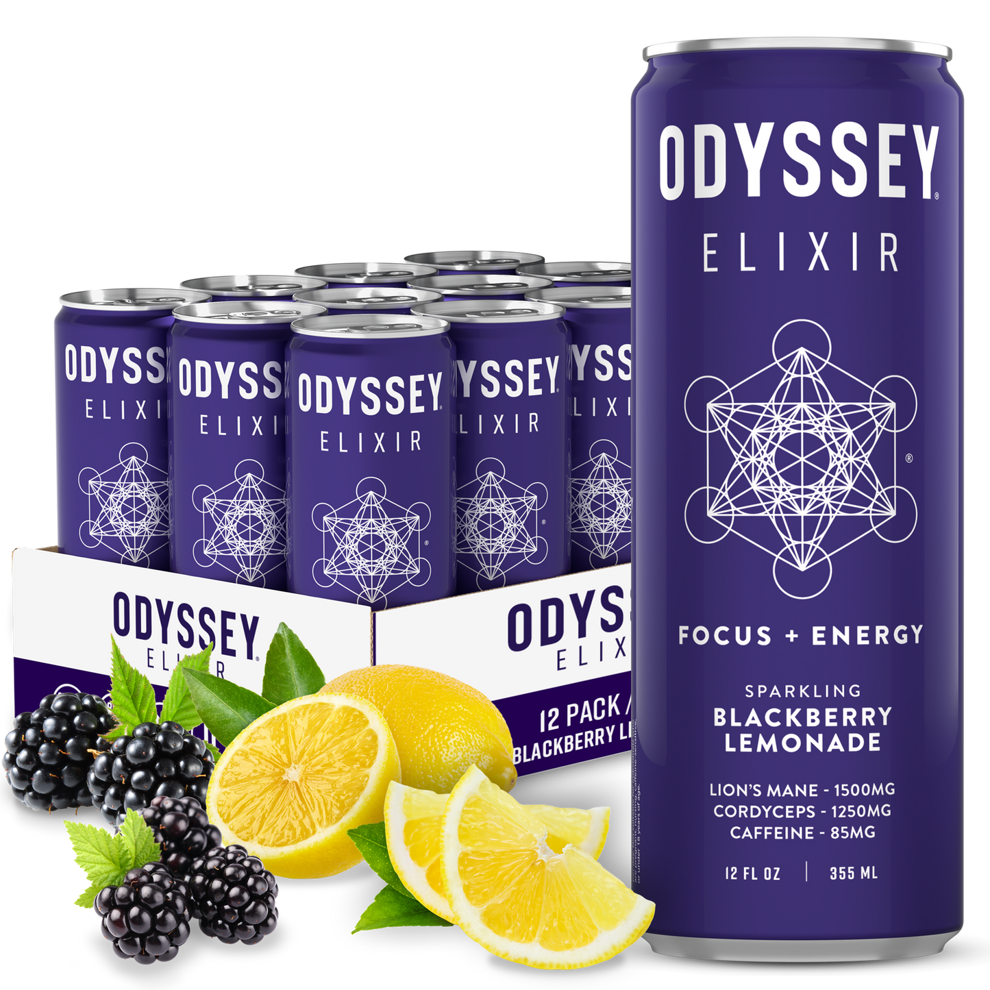 Blackberry Lemonade 85mg sparkling mushroom energy drink with Lion’s Mane, Cordyceps, caffeine, blackberries, and lemon