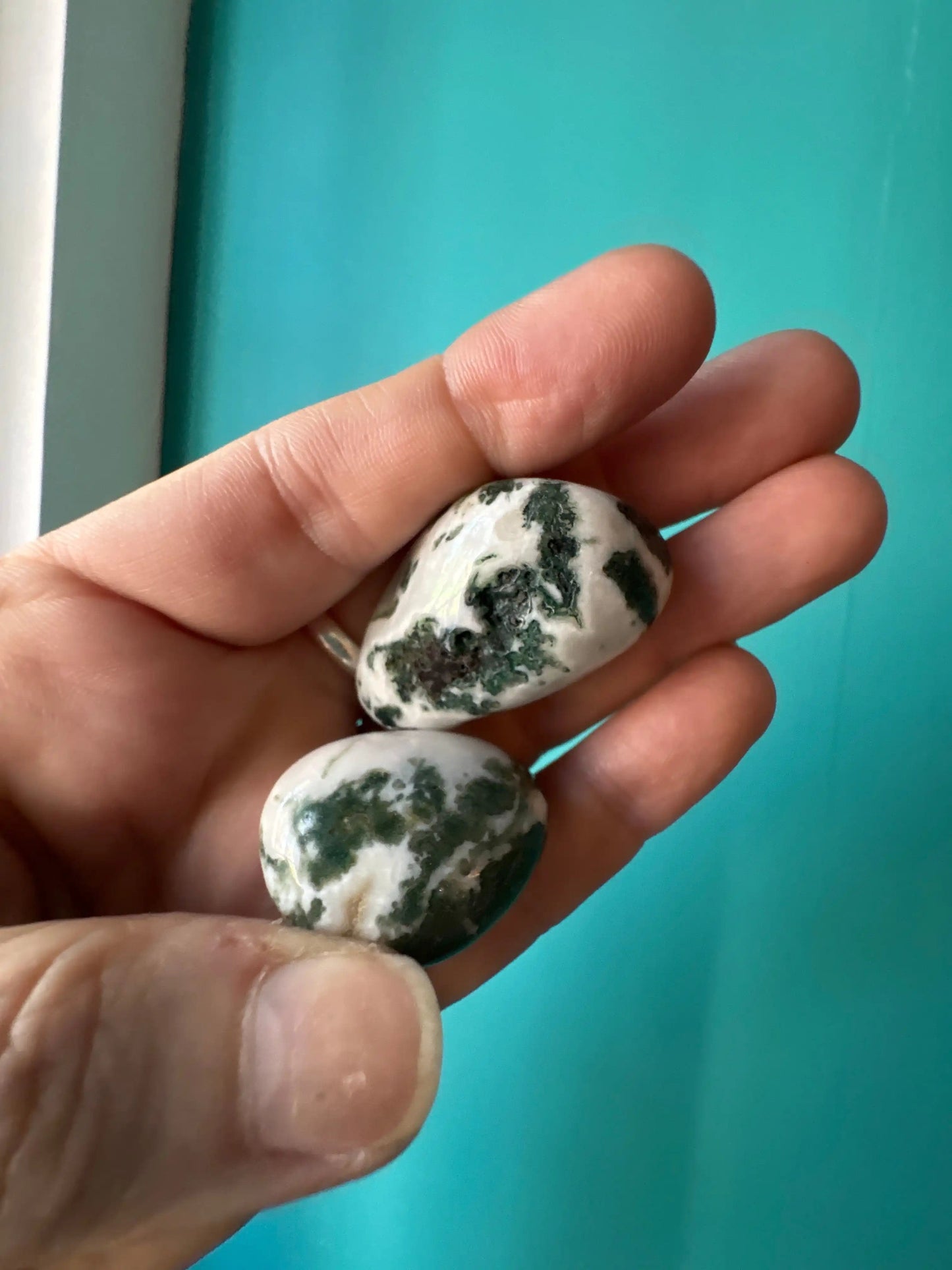 Polished green moss agate tumbled stones with distinctive moss texture held in hand against turquoise background