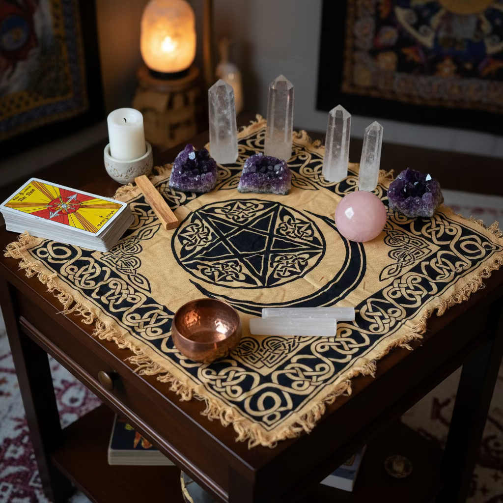 Yellow Altar Cloth with Pentacles or Om Symbol