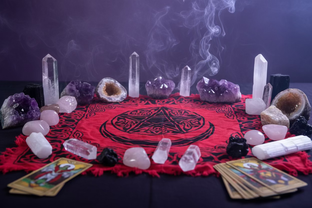 Red Altar Cloth with Tree of Life, Tripple Goddess, or Pentacle and Crescent Moon Symbol