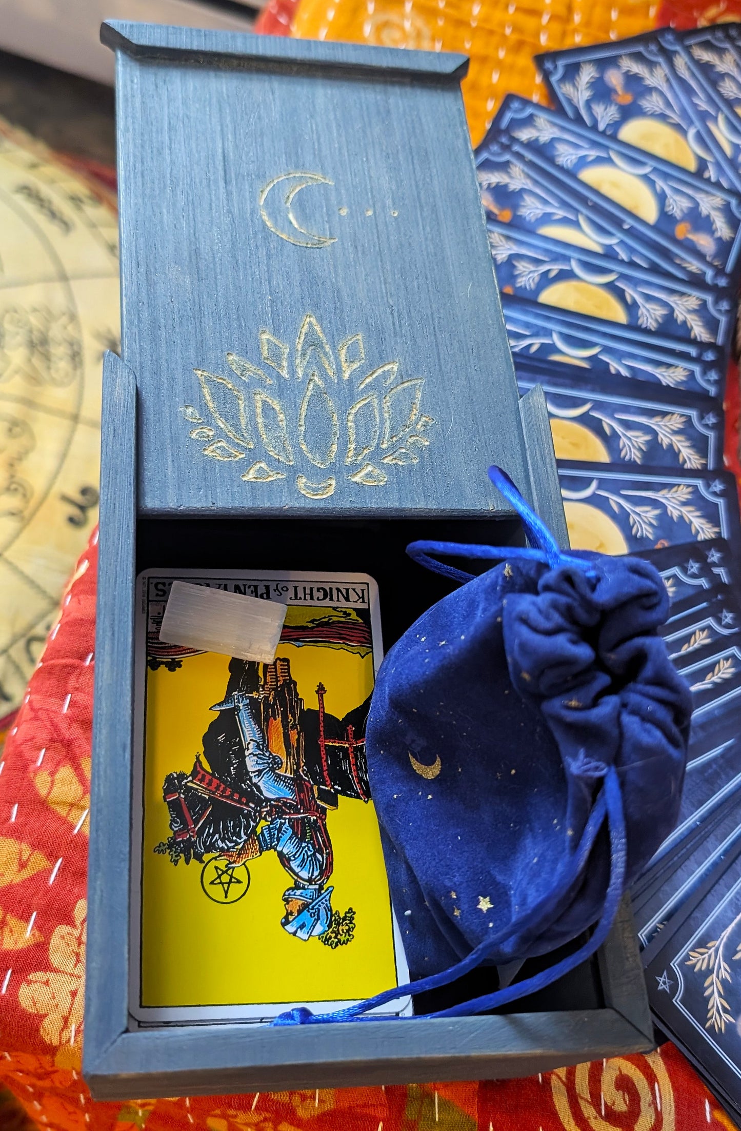 Tarot Raider Handcrafted Tarot & Oracle Card Box – Blue Finish (Small) Lotus and Moon