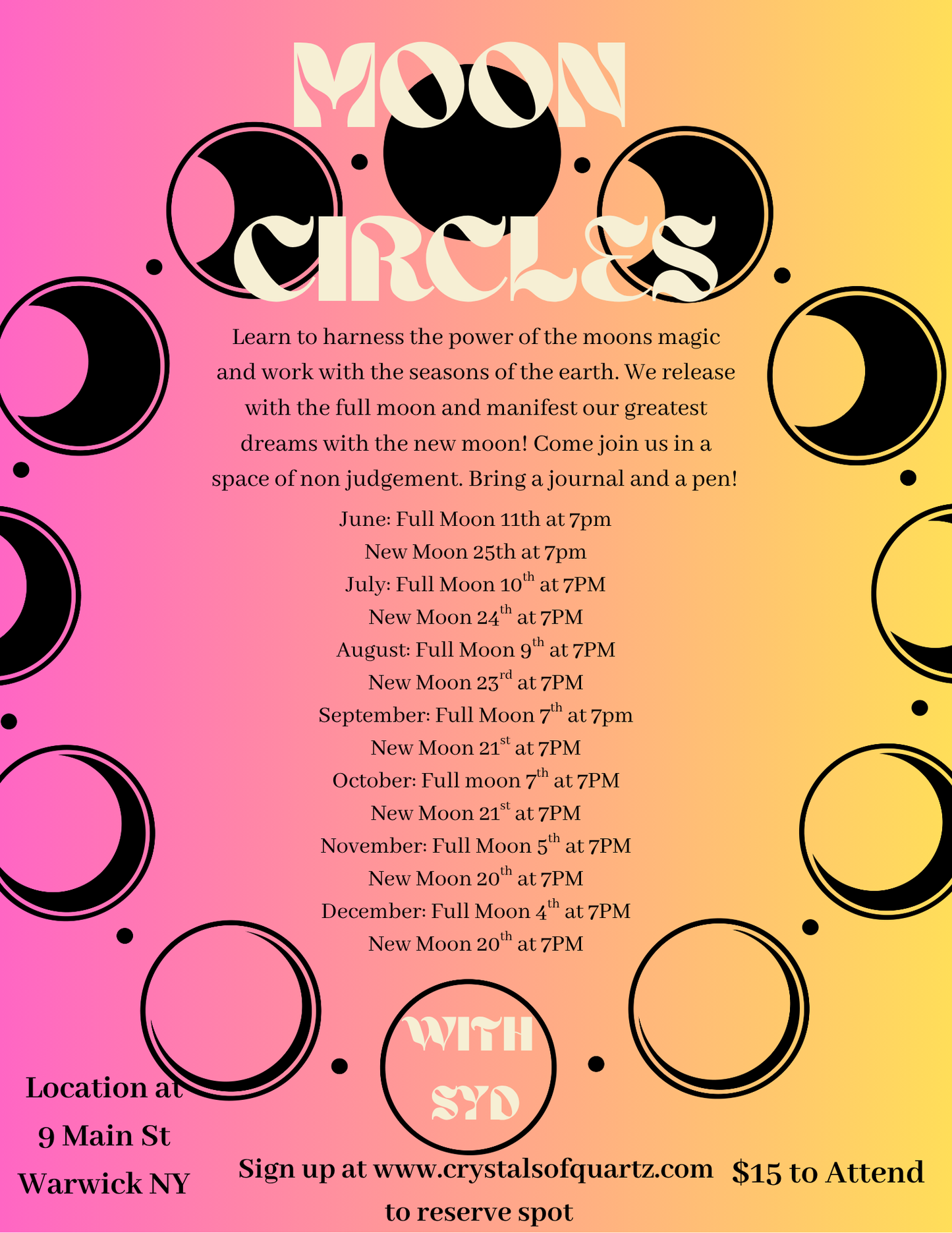 Moon circle event flyer with moon phases and dates for monthly gatherings in Warwick NY at 9 Main St.