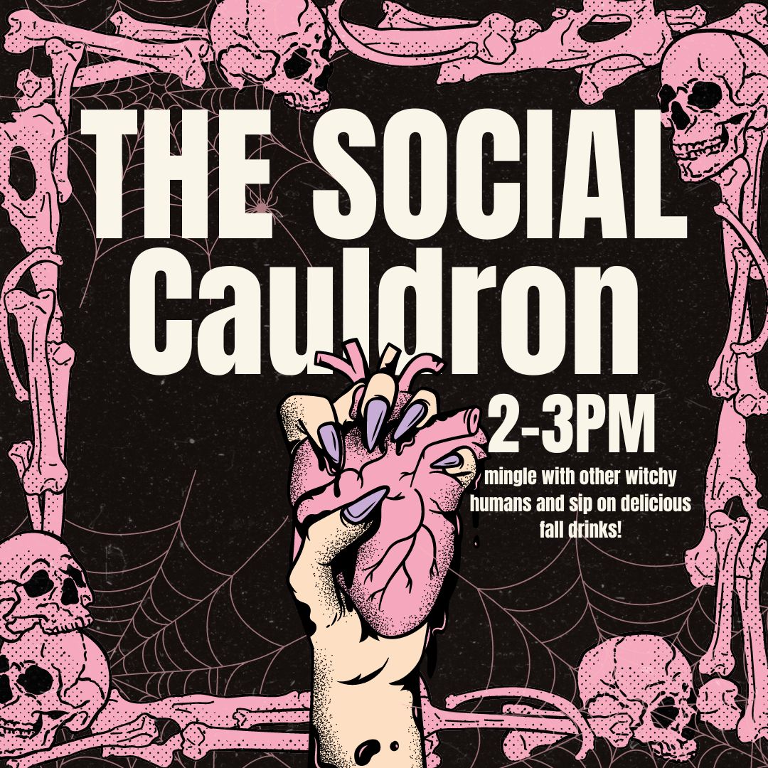 The Social Cauldron witchy mixer event poster with skeletal hands and fall-themed drinks details