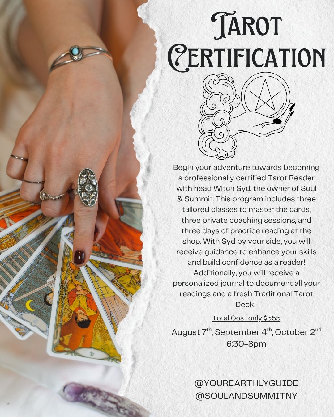 Tarot Certification Course with tailored classes, private coaching, practice readings, personalized journal, and Traditional Tarot Deck