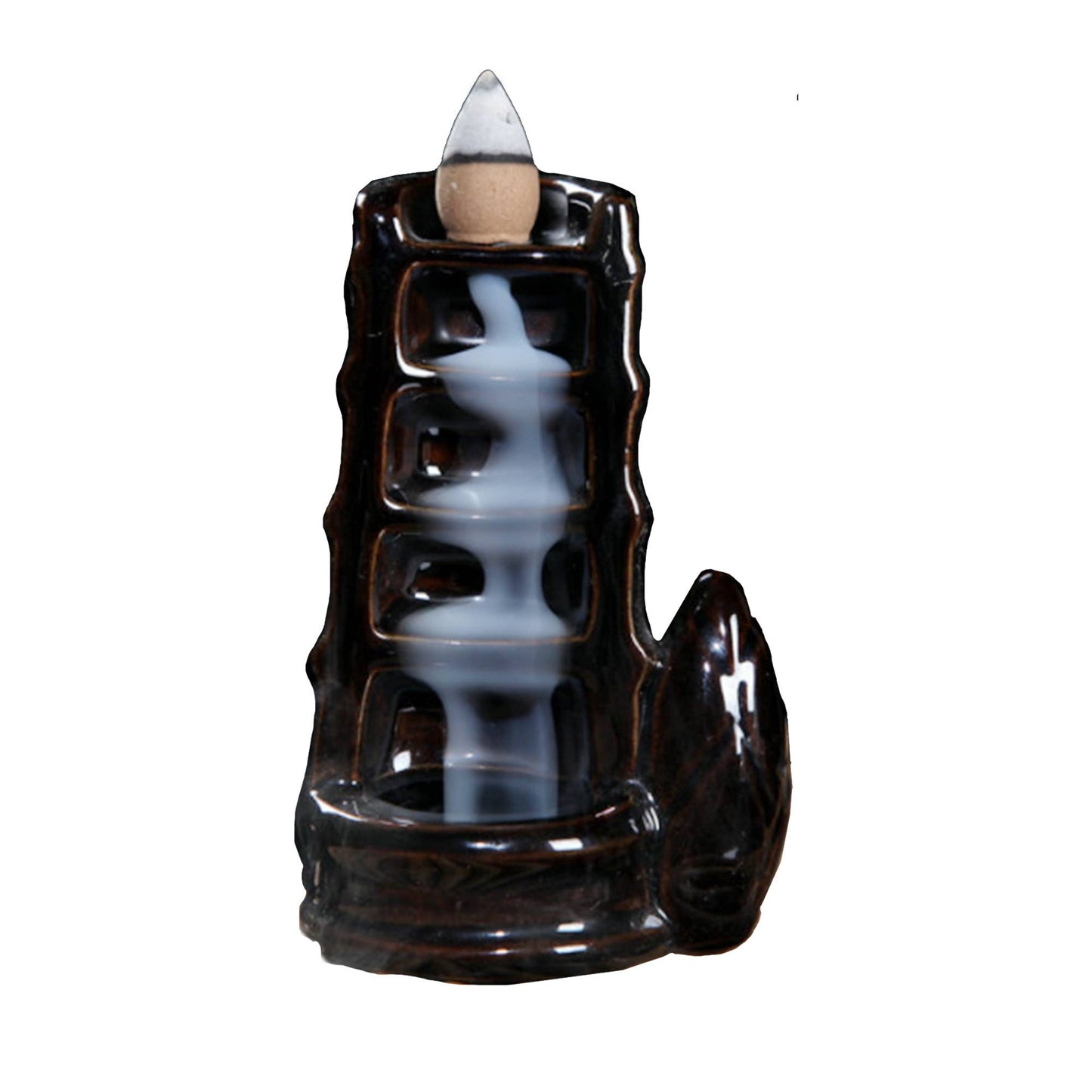 Ceramic backflow incense burner with tower waterfall design releasing smoke cascading down steps