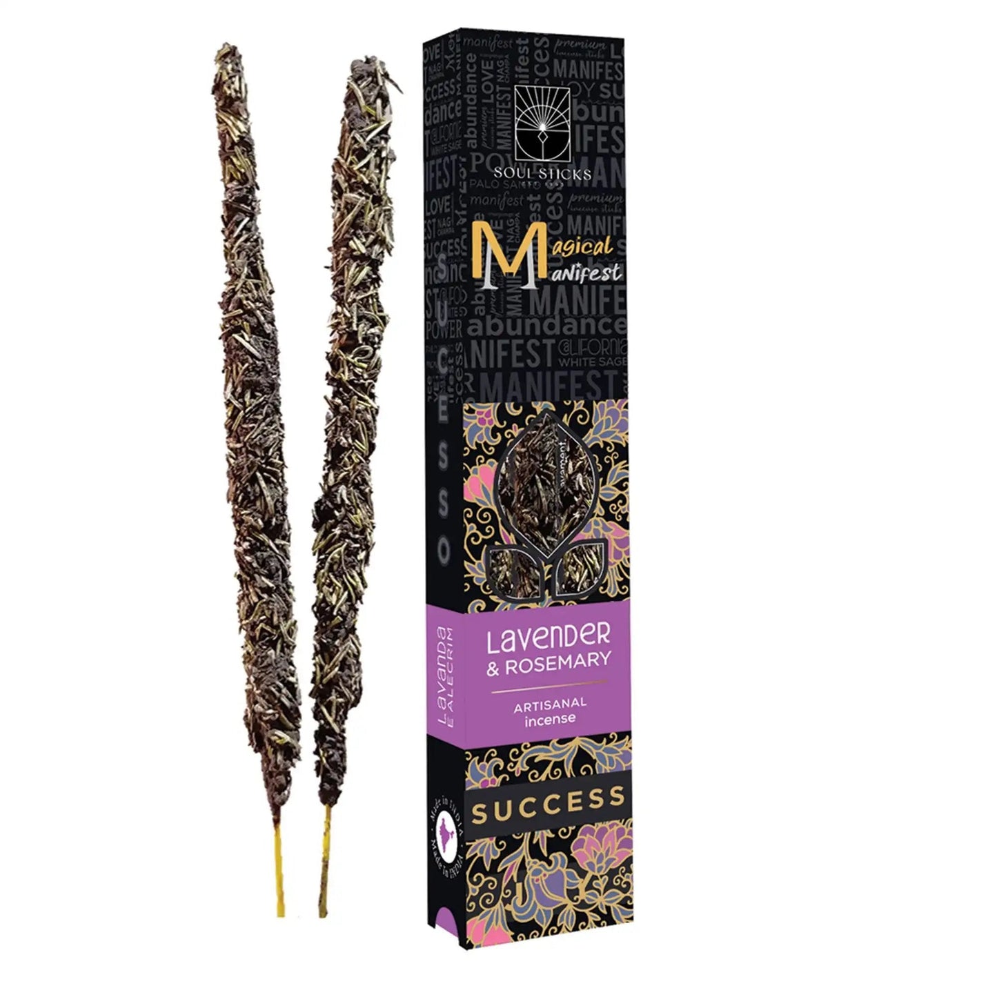 Success Lavender & Rosemary Magical Manifest Incense Sticks with natural herbs in decorative black and purple packaging for meditation and manifestation rituals