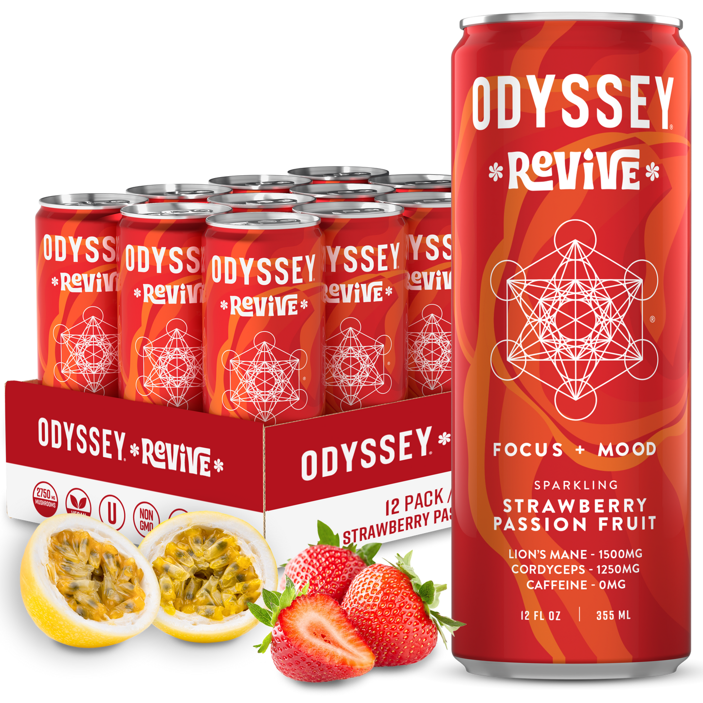 12-pack of Odyssey Revive Strawberry Passion Fruit sparkling mushroom hydration drinks with passion fruit and strawberries displayed
