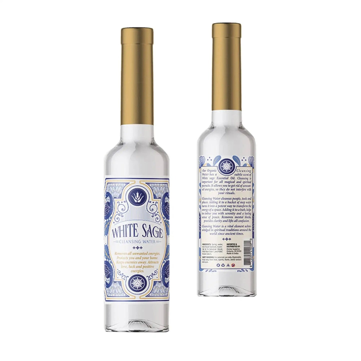 White Sage Spiritual Cleansing Water 7.5 oz plastic bottle with gold cap and blue decorative label for spiritual purification and energy cleansing
