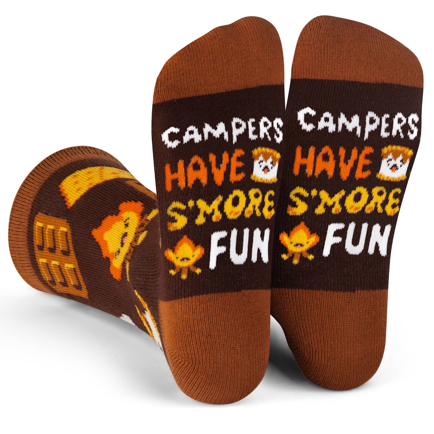 Kids crew length socks with s'more, bonfire design and "Campers Have S'more Fun" text on soles, brown fun kids socks