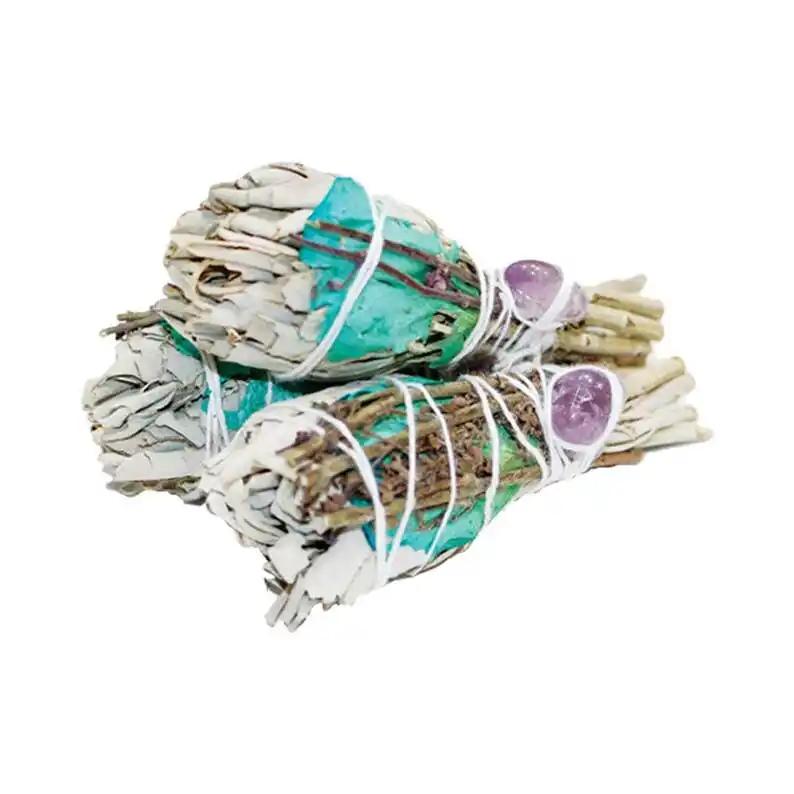 White sage torch bundle with lavender, rose petals, and amethyst for cleansing and meditation