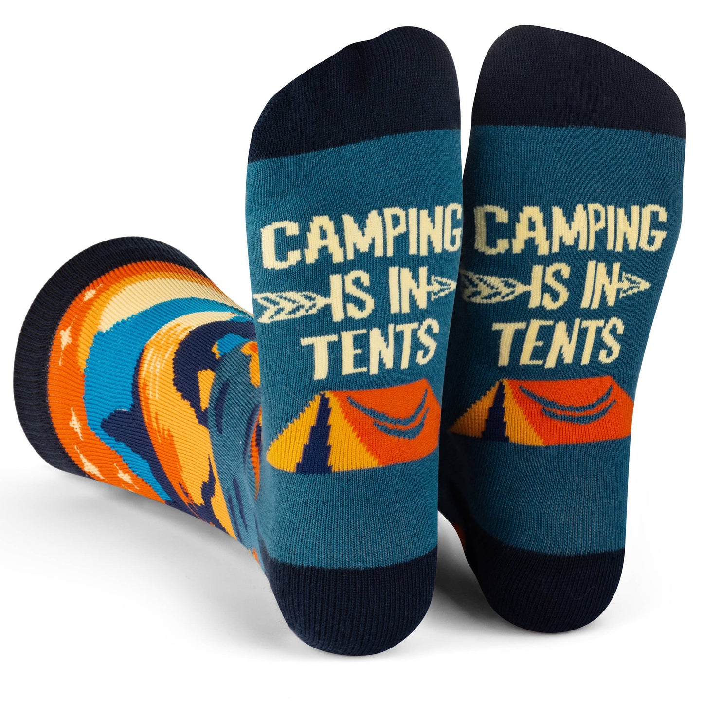 Crew length camping socks with "Camping Is In Tents" slogan and colorful tent design, made from cotton blend, one size fits most.