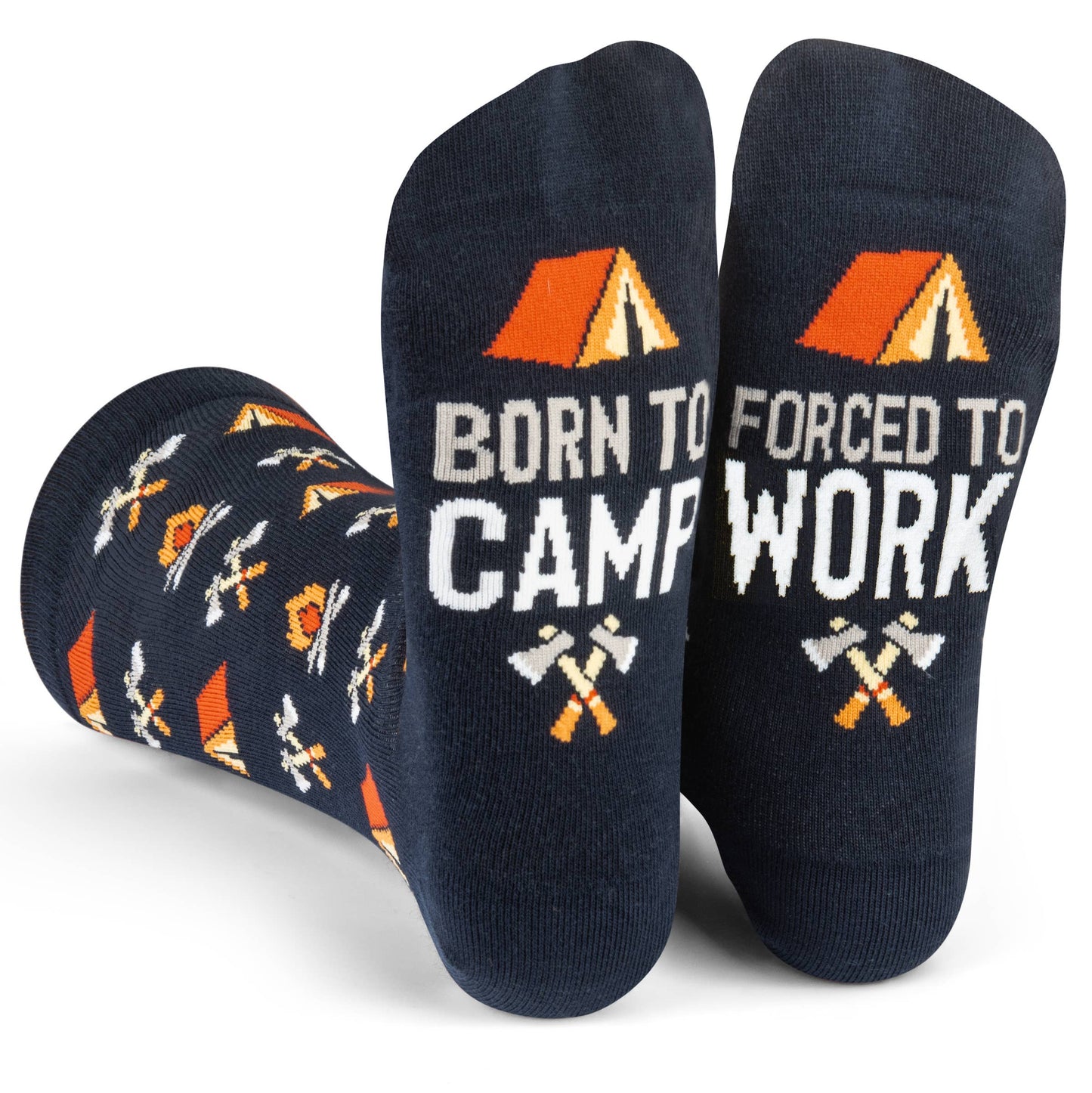 Navy socks with "Born to Camp" and "Forced to Work" text, camping tent and crossed axes design