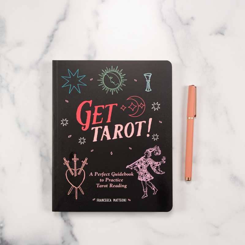 Get Tarot! by Francesca Matteoni book cover with mystical symbols and a pink pen on marble background