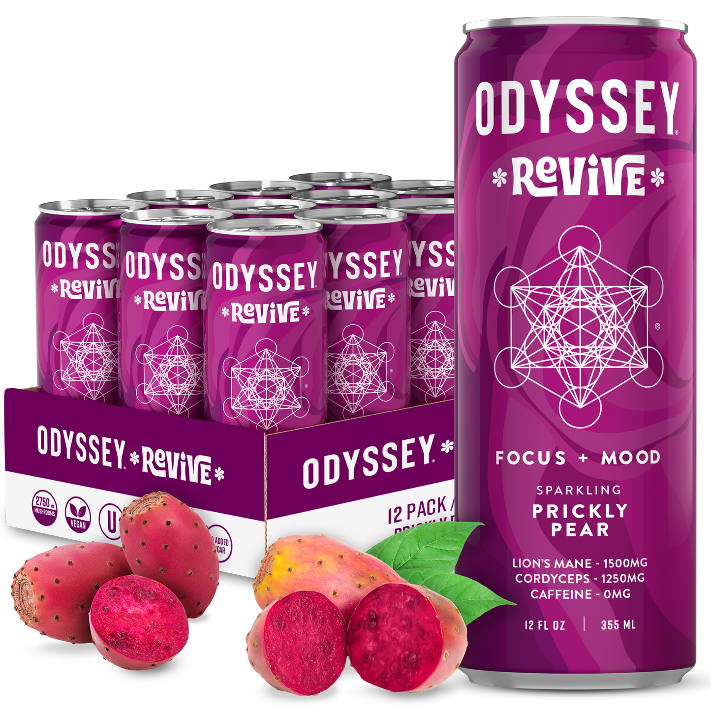 Prickly Pear Revive Sparkling Mushroom Hydration drink in purple can with prickly pear fruit and 12-pack box