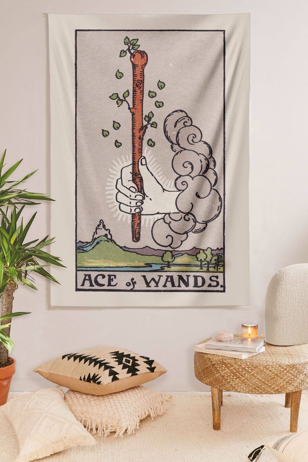 Ace of Wands tarot card tapestry with sprouting wand design hanging on wall in modern room with plants and cozy decor Wands Tapestry