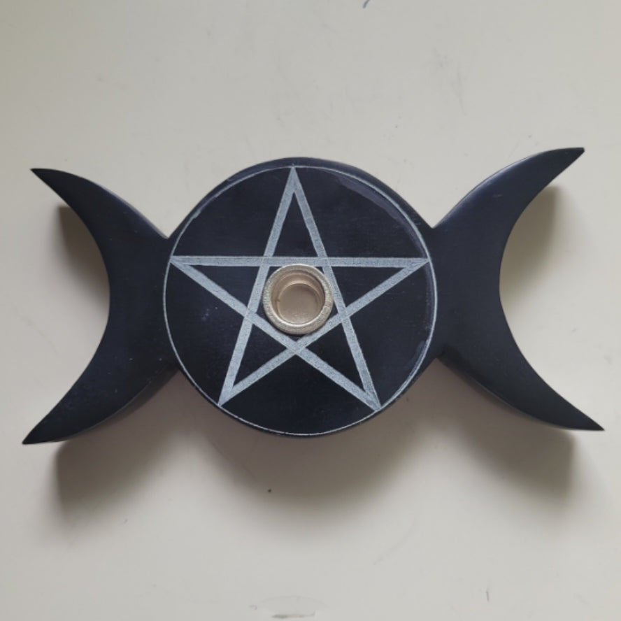 Black Pentacle Candle Burner with triple moon design and central pentacle symbol for rituals and incense burning