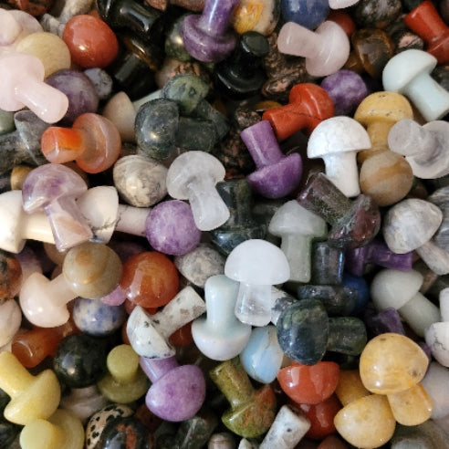 Assorted colorful mini crystal mushroom figurines made from natural stones for meditation and decoration