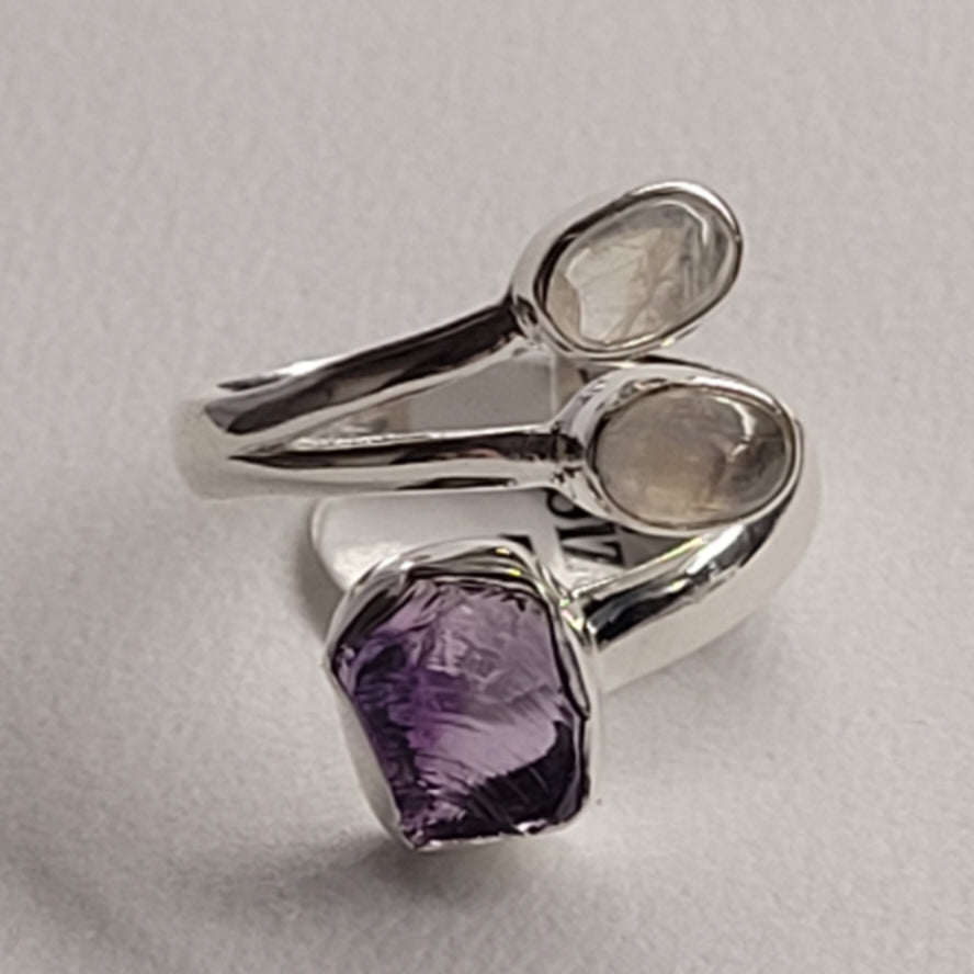 Ring Amethyst Rainbow Moonstone Size 7 silver band with purple amethyst and two rainbow moonstones