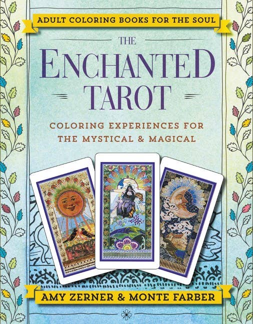 Enchanted Tarot Coloring Book featuring mystical tarot card illustrations for adult relaxation and creativity