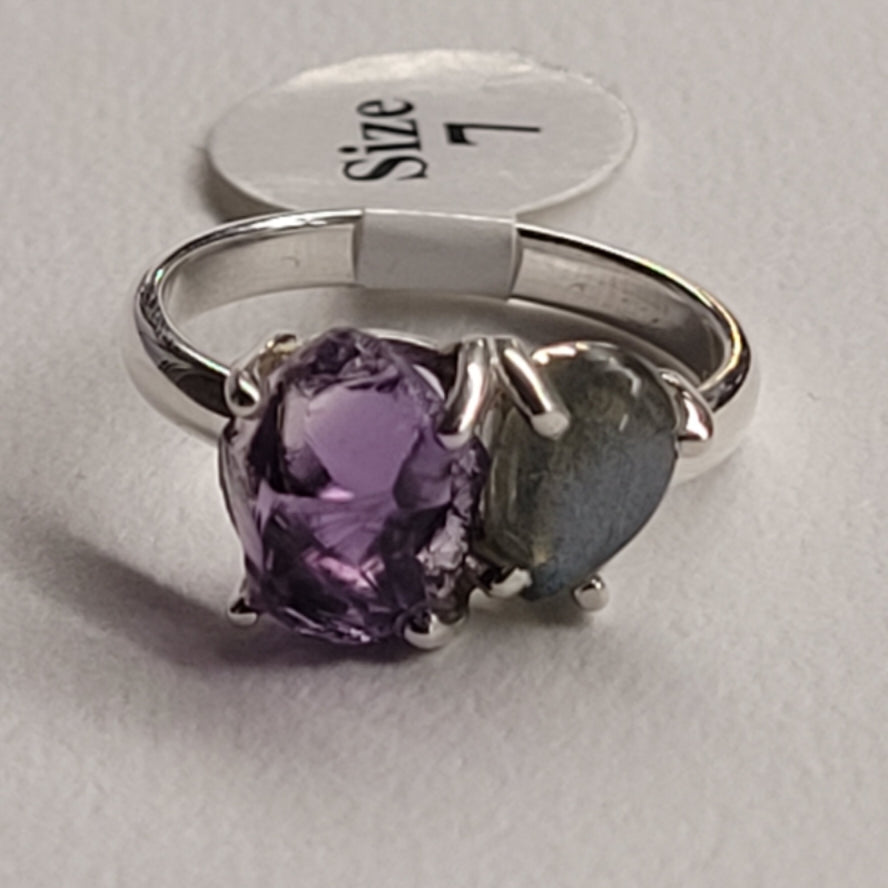 Ring Amethyst Labradorite with silver band size 7 gemstone jewelry