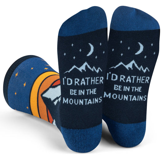 Blue mountains socks with "I'd Rather Be In The Mountains" text and night sky design