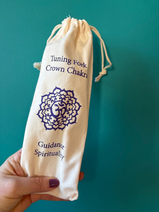 Cotton pouch for Crown Chakra tuning fork with spiritual guidance design