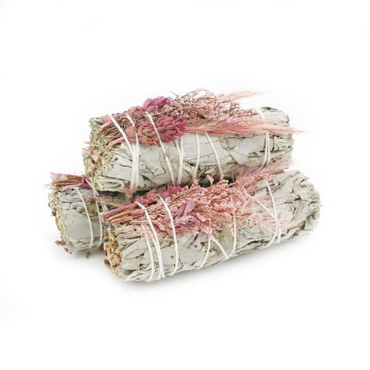 Pink Bouquet floral white sage smudge sticks with pink flowers, 4-inch organic cleansing bundles