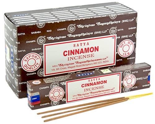 Satya Cinnamon Incense Sticks box with 12 hand-rolled incense sticks made in India for yoga and meditation