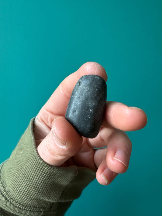Hand holding a smooth black Shungite Tumble stone against a teal background