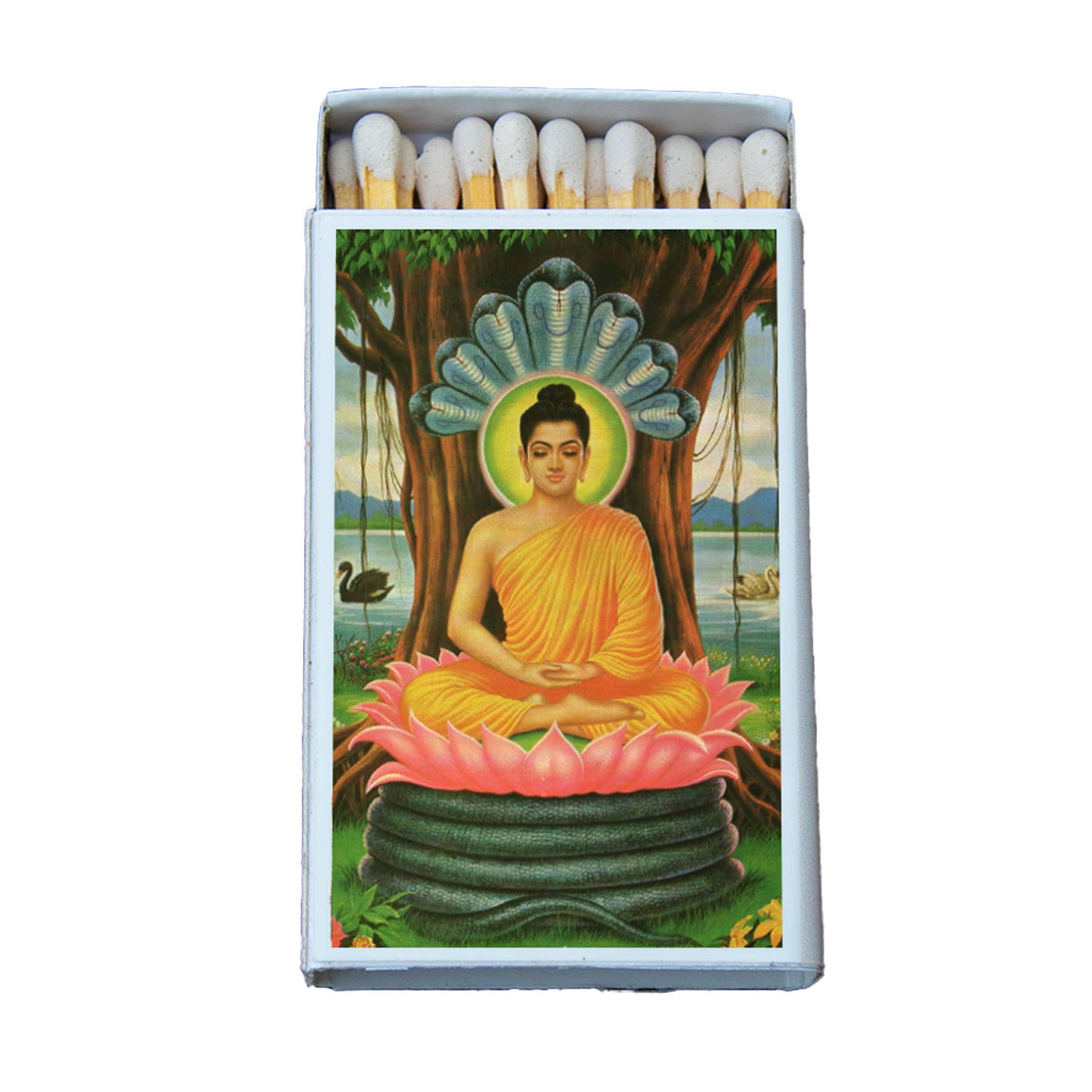 Buddha Meditating Matchbox with decorative image and white-tipped matches for lighting candles and incense
