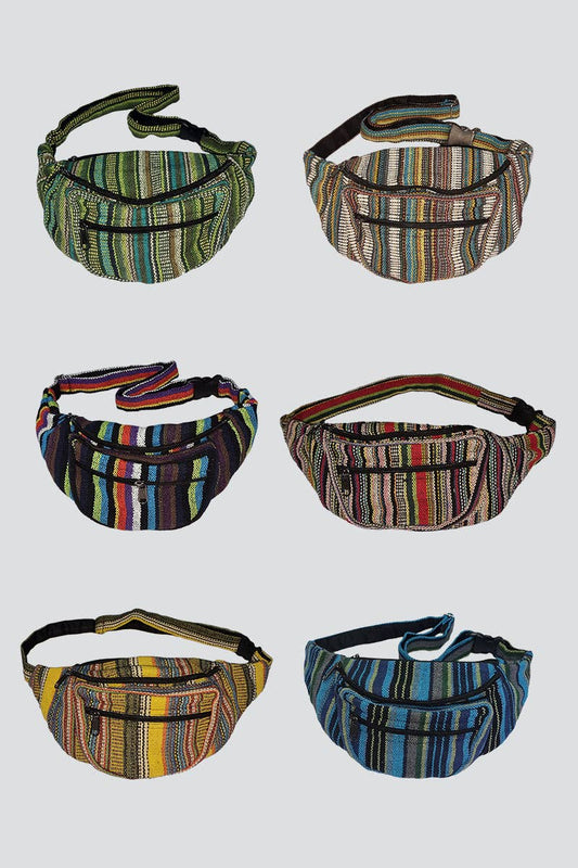 Set of six striped cotton fanny packs by Kathmandu Imports, assorted colors, ethical fair trade women's belt bags (CODE-613)