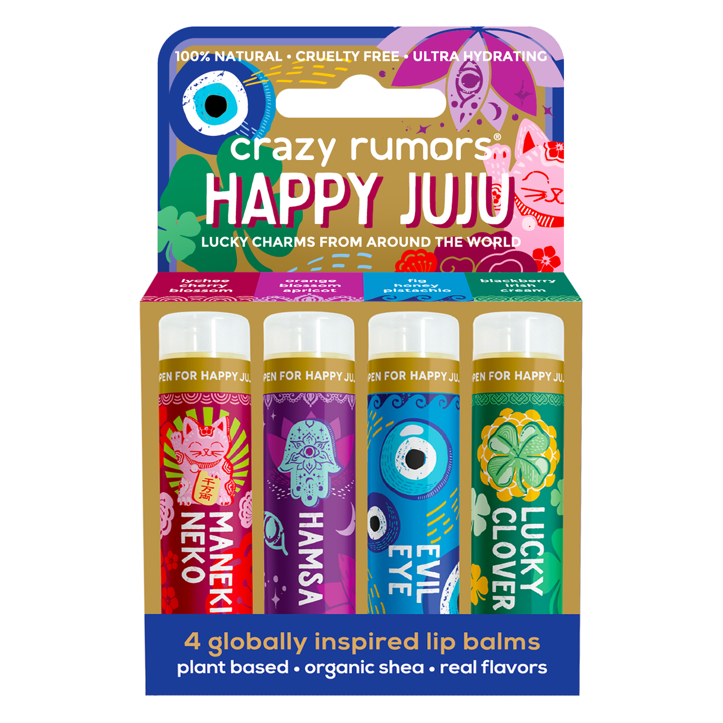 All Natural Happy Juju Lucky Charms 4 pack Lip Balm Gift Box