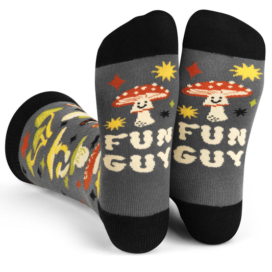 Fun Guy Mushroom Socks with playful mushroom pattern and "FUN GUY" text on gray background, black toes and heels